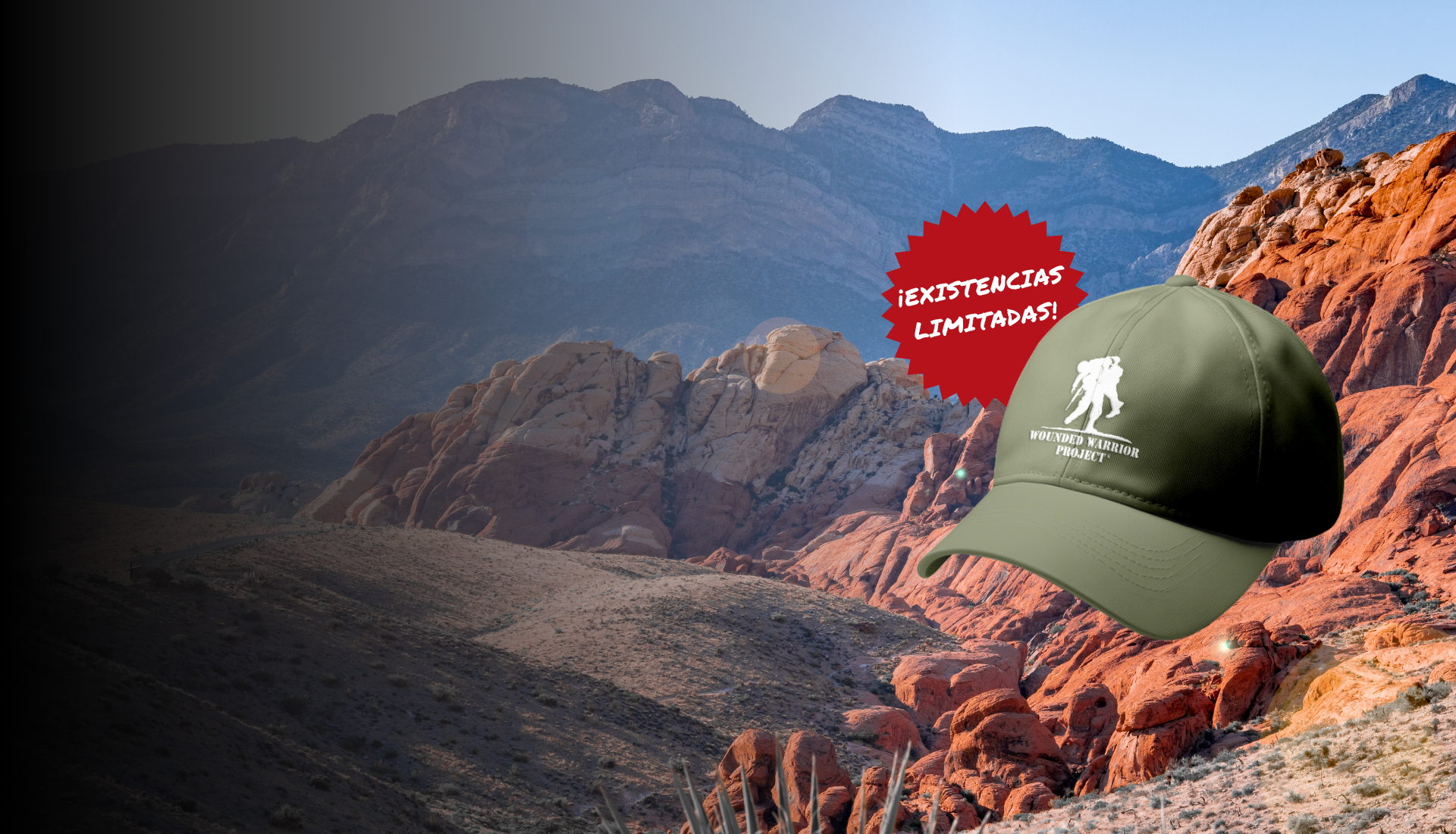 Fondo de paisaje montañoso con una gorra de béisbol verde del ejército que tiene el logo blanco de WWP en el frente. Gráfico de "Existencias limitadas" junto a una gorra.